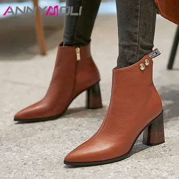

ANNYMOLI Winter Ankle Boots Women Natural Genuine Leather Thick High Heel Short Boots Zipper Pointed Toe Shoes Lady Autumn 34-39
