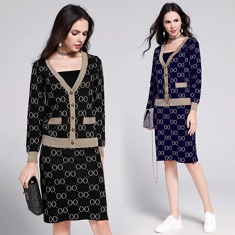

2019 New Office Ladies cardigan coat Skirt Two Piece Set Women Runway Spliced print Outfits Suits OL knit tops set