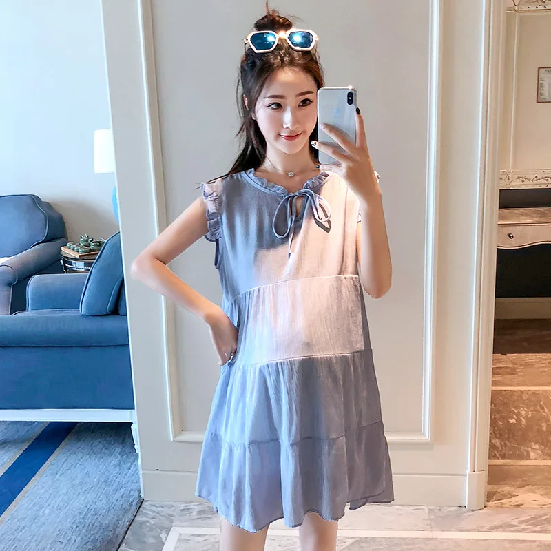 

Maternity Clothes Summer Fashion Short Sleeve Set Mid-length Tops Loose-Fit Strapped Dress Two-Piece Set