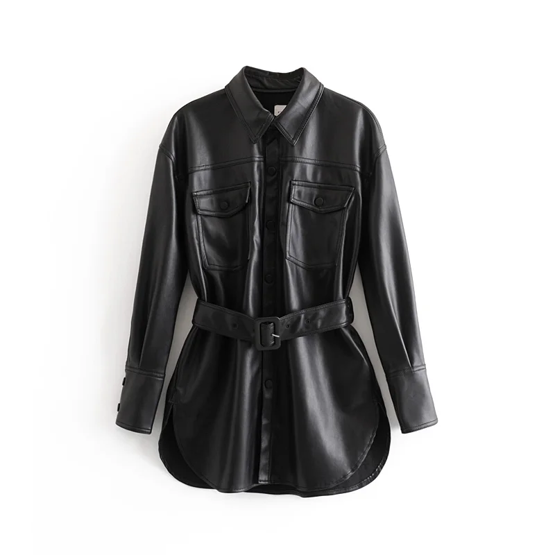 Tangada, Женская куртка из искусственной кожи, пальто с поясом, отложной воротник, Дамское пальто с длинным рукавом в стиле бойфренда, большие размеры, черное пальто 6A308 - Цвет: Черный