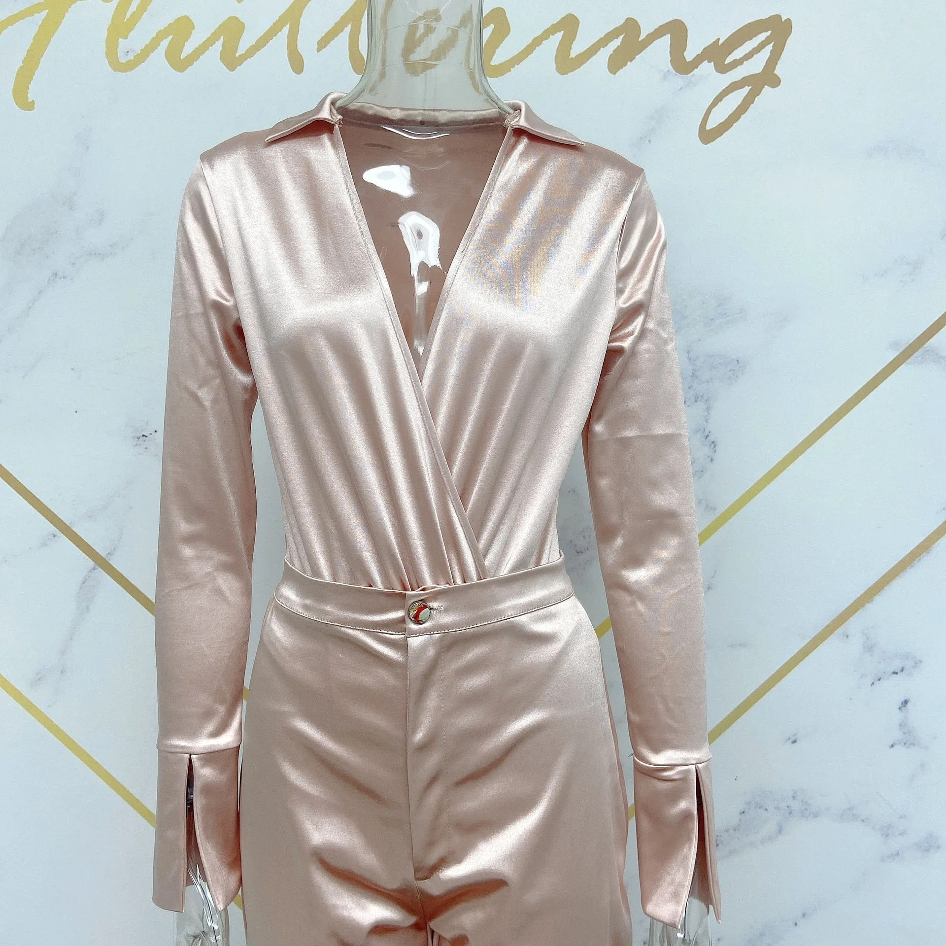 New Style Women Aexy V Neck Long Sleeve Satin 2 Two Piece Set Shirt Blouse And Pants Suit formal pant suits