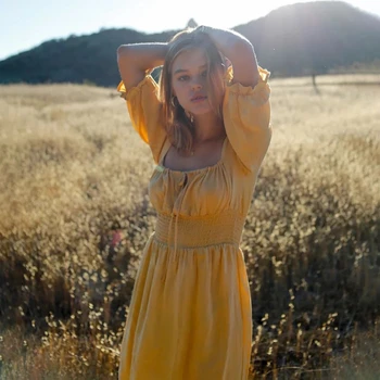 

Summer Elegant Yellow A Line Dress Women Half Sleeve Casual Square Collar High Waist Mini Dress Backless Vintage Slim Chic Dress