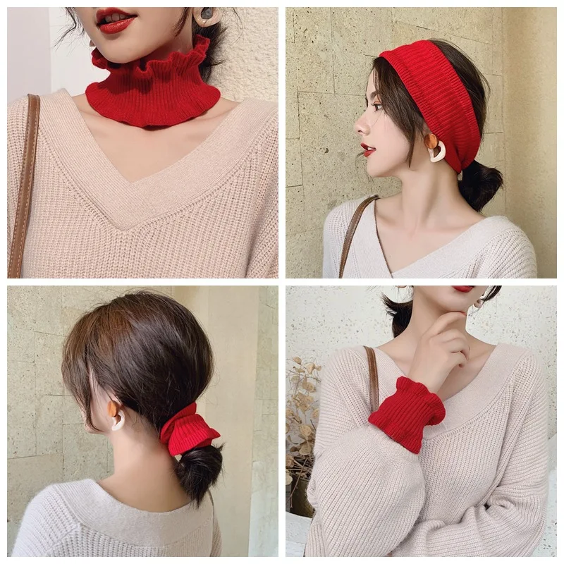Новинка, женский зимний красный и черный плотный вязаный шарф-кольцо, женские гетры, эластичная повязка на голову, женский платок