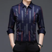 Nova camisa de outono magro marca listra masculina primavera caber negócios manga longa preto não engomar wrok roupas de festa