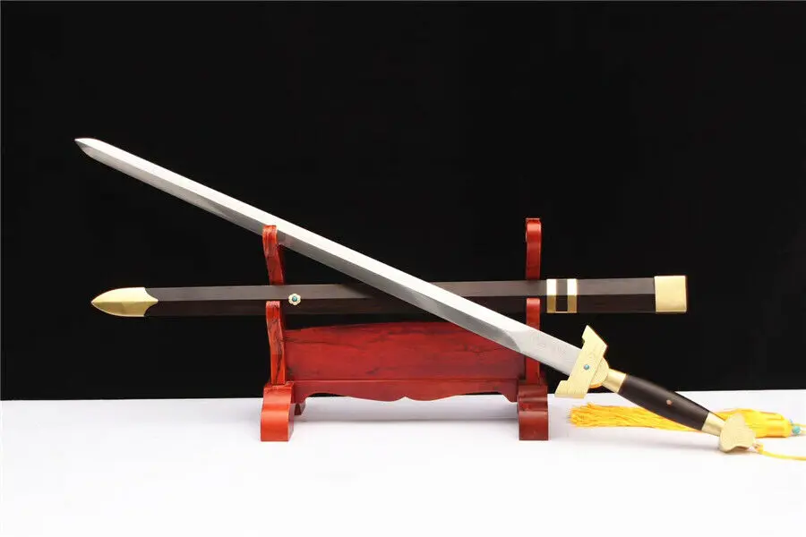 Высокое качество для китайского Кунг-Фу Цзянь меч катана острый дамасский стальной клинок черное дерево оболочка резные латунные фитинги