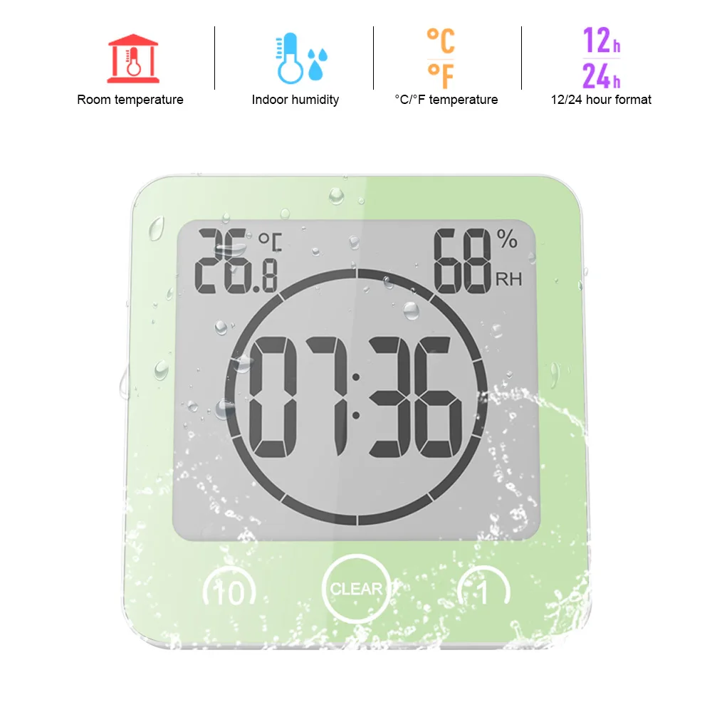 Зеленый Waterproof Bathroom Clock Shower Clock Timer Sucker Digital LCD Display Thermometer Hygrometer Mute Wall Clock Time - Цвет: Зеленый