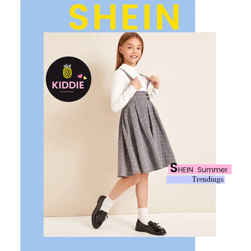 SHEIN детский для девочек, цвет: серый, на пуговицах спереди без бретелек плиссированное платье в консервативном стиле; платье-сарафан осень ремни Высокая Талия милые по колено платья
