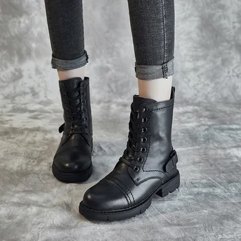 

2019 New Platform Martin Boots Black Combat Boots Women Leather Gothic Punk Ankle Boots Women Shoes Lace Up Casual