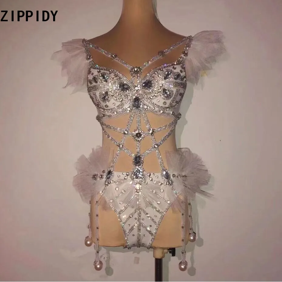 Блестящие Серебряные стразы, боди для дня рождения, праздничная одежда, бар, вечернее платье для женщин, певица, танцор, шоу, одежда для выпускного вечера