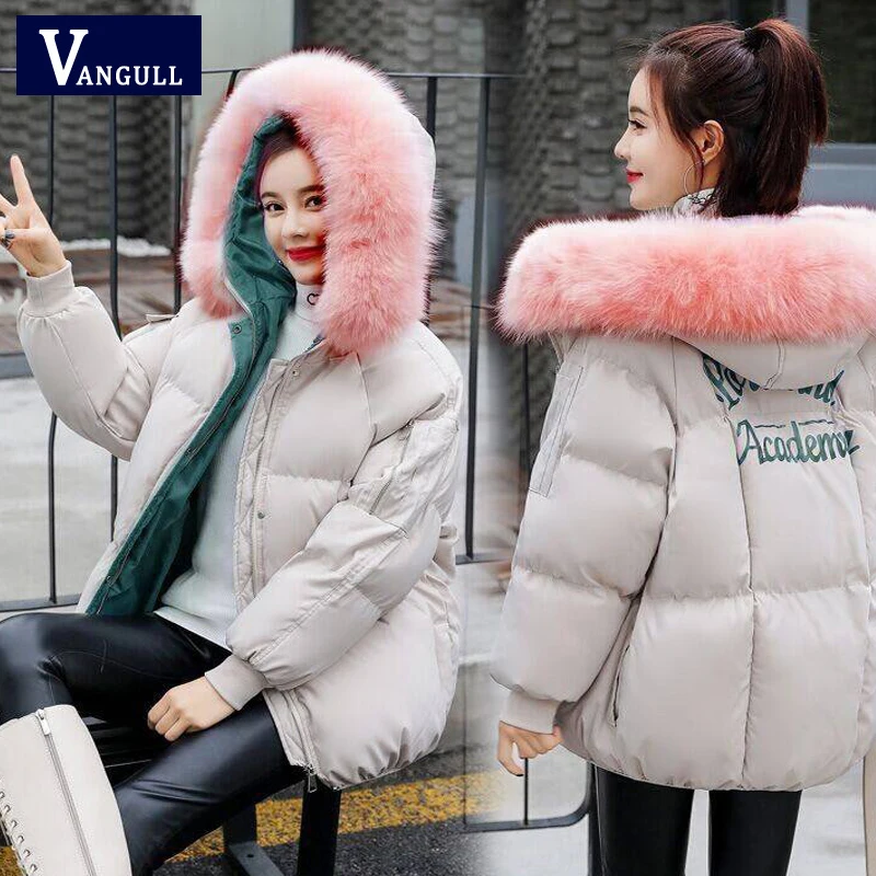 Promo Vangull Solid Fur Hooded Thicken Long Down Coats Women Female Casual Long Sleev Warm Cotton Coats W