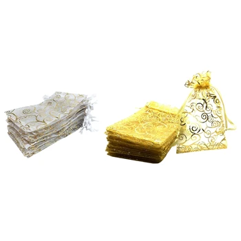 

200 Pcs 4X6 Inches Drawstring Organza Gift Candy Bags Wedding Favors Bags, 100 Pcs White+Gold & 100 Pcs Gold