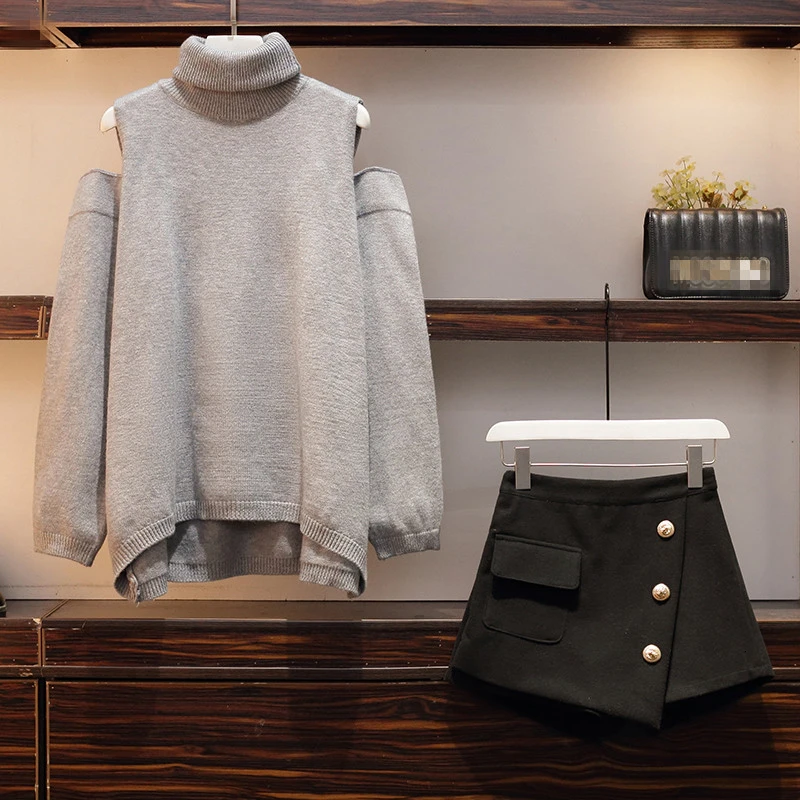 Плюс размер осень зима два шт набор OL свободный свитер-водолазка топ+ юбка мини пуговицы карманы комплект для офисной леди 2 шт набор