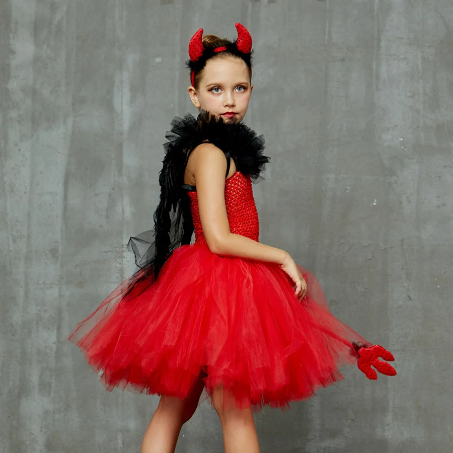 Wicked Red Devil Girls Tutu Dress Kids Halloween Cosplay Carnival Party Costume Handmade Tulle Children Fancy Satan Demon Dress (11)