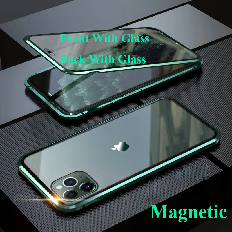 Online Nueva funda magnética de privacidad para iphone 11 Pro Max imán de Metal de doble cara de vidrio templado para fundas de iphone 11 Pro 2019