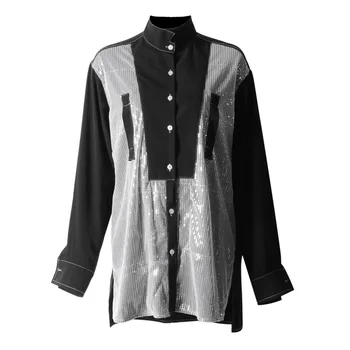 

Long-sleeved Shirts 2019 New Women Irregular Geometric Sequins Shirts Punk Loose Fashion Black Blouse Oversize Femininas Blusas