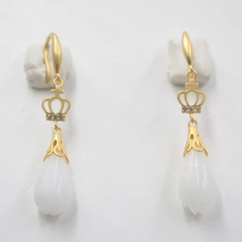 

Pure 925 Sterling Silver Dangle Earrings Natural Nephrite Jade Bud Crown Drop Earrings