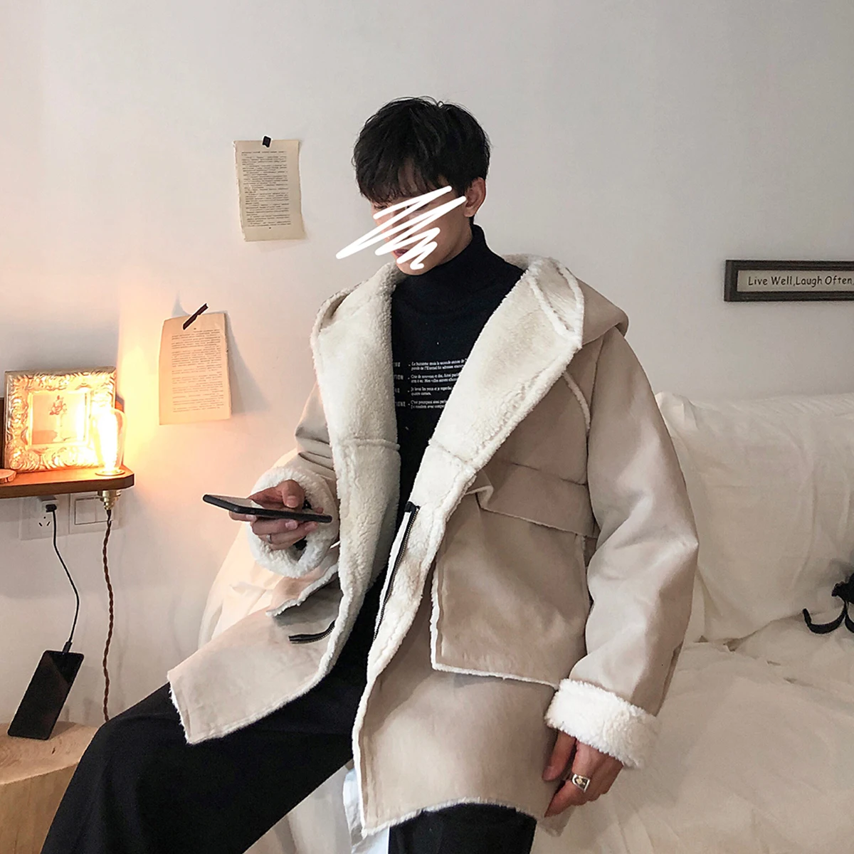 Lamb Wool Fleece Winter Nice Quality Jacket Men Thick Warm Parka Windproof Streetwear Hip Hop Student Clothes Korean Coat - Цвет: beige
