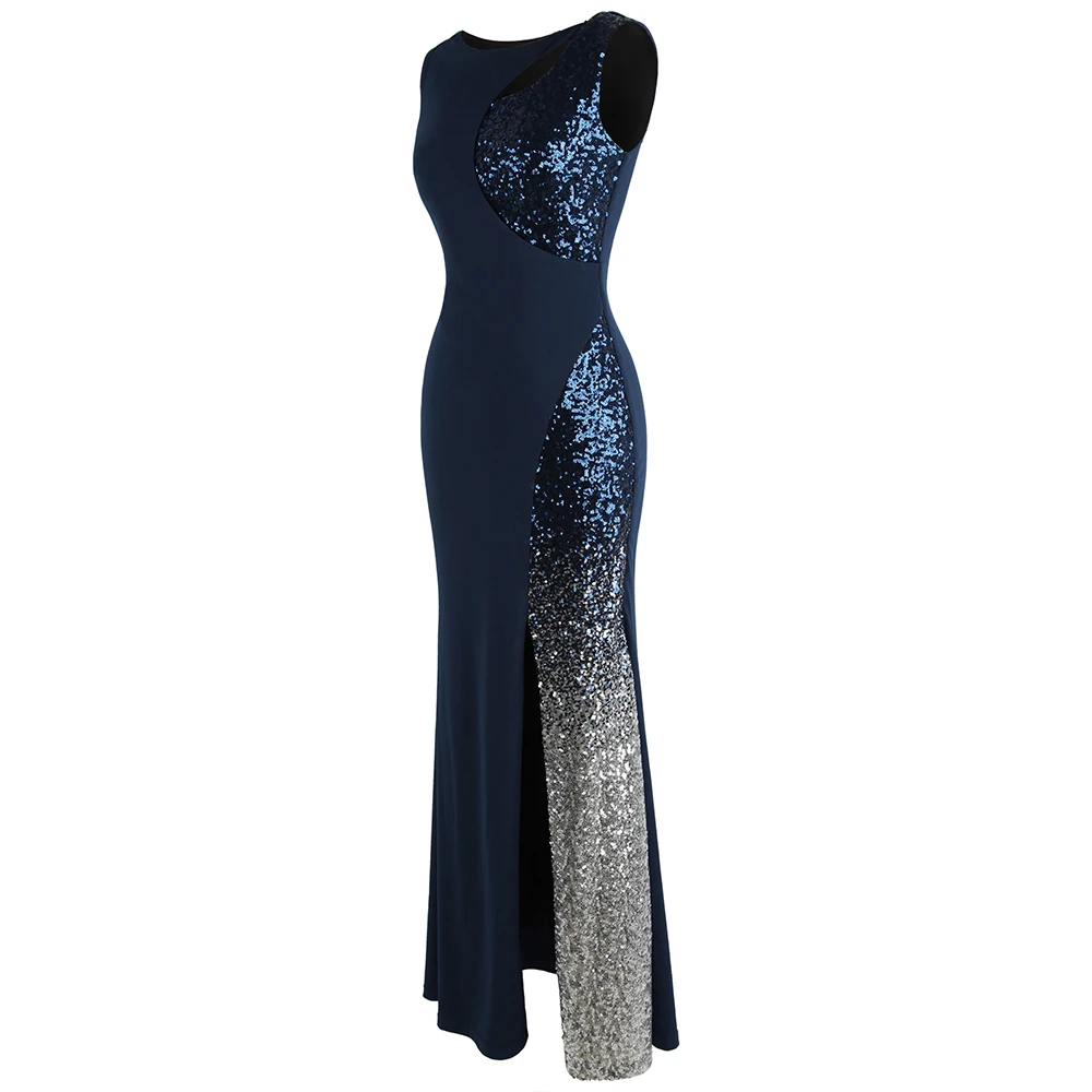 US $59.99 AngelFashion Splicing Sequin Evening Dress Slit Gradient Evening Dress Long Royal Blue 472