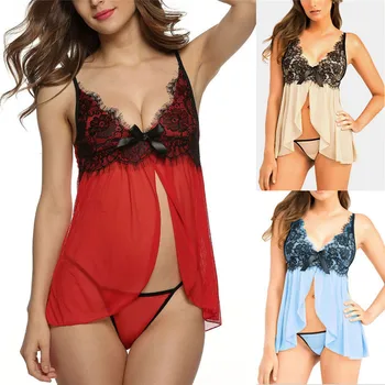 

2020 New Womens Lace Sexy Babydoll G-String Underwear Ladies Lingerie Mini Dress Nightwear Sleepwear Nightwear