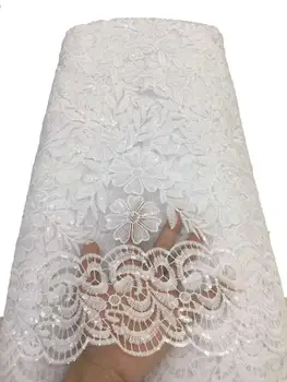 

Pure white african embroidery tulle lace fabric 2020 high quality french net lace with sequins for wedding 5yards