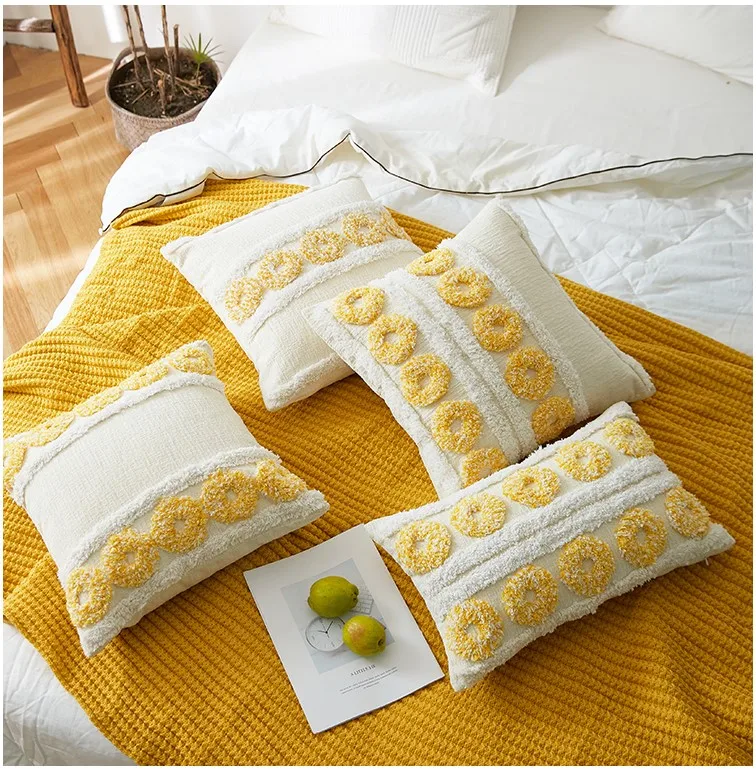 Yellow Circle Embroidery Cushion Cover 30x50cm Geometric Chenille Square Pillow Cover With