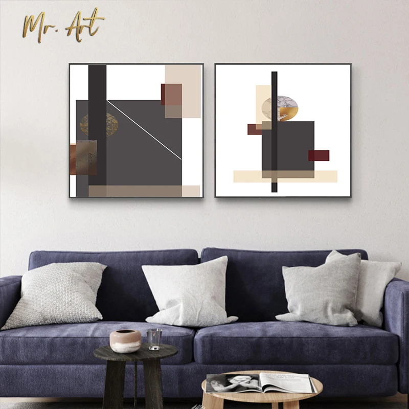

Modern Brown Canvas Painting Decoration Abstract Geometric Overlap Poster Scandinavian Wall Art Picture for Living Room Bedroom