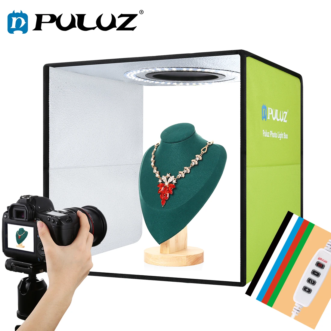 Caixa de Luz Puluz Lightbox Mini Dobrável Photo Studio Led Fotografia Estúdio Tiro Tenda Caixa Kit & 6 Cor Backdrops 30cm - Image 2