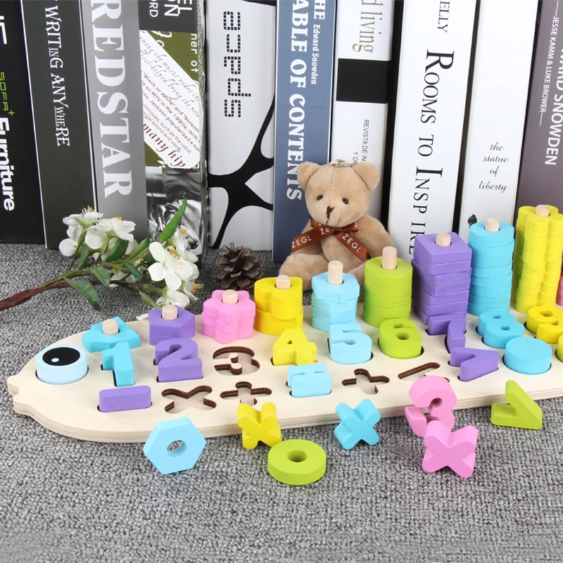 Interactive Fish/Caterpillar shaped Logarithmic board Educational toy Cartoon Animal Digital puzzles baby wood toys for children