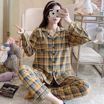 

Female 2PCS Plaid Pajamas Suit Turn-down Collar Shirt&Pant Sleepwear Spring Autumn Faux Silk Nightwear Lounge Home Clothes