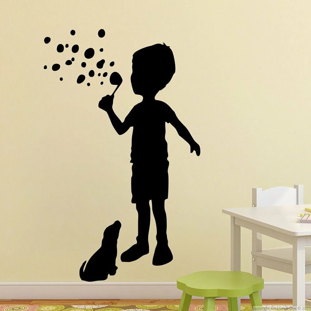 cheap Child And Dog Wall Decal Boy Blowing Bubbles Creative Mural Art Kids Bedroom Nursery Play Zone Interior Decor Vinyl Sticker Q233
