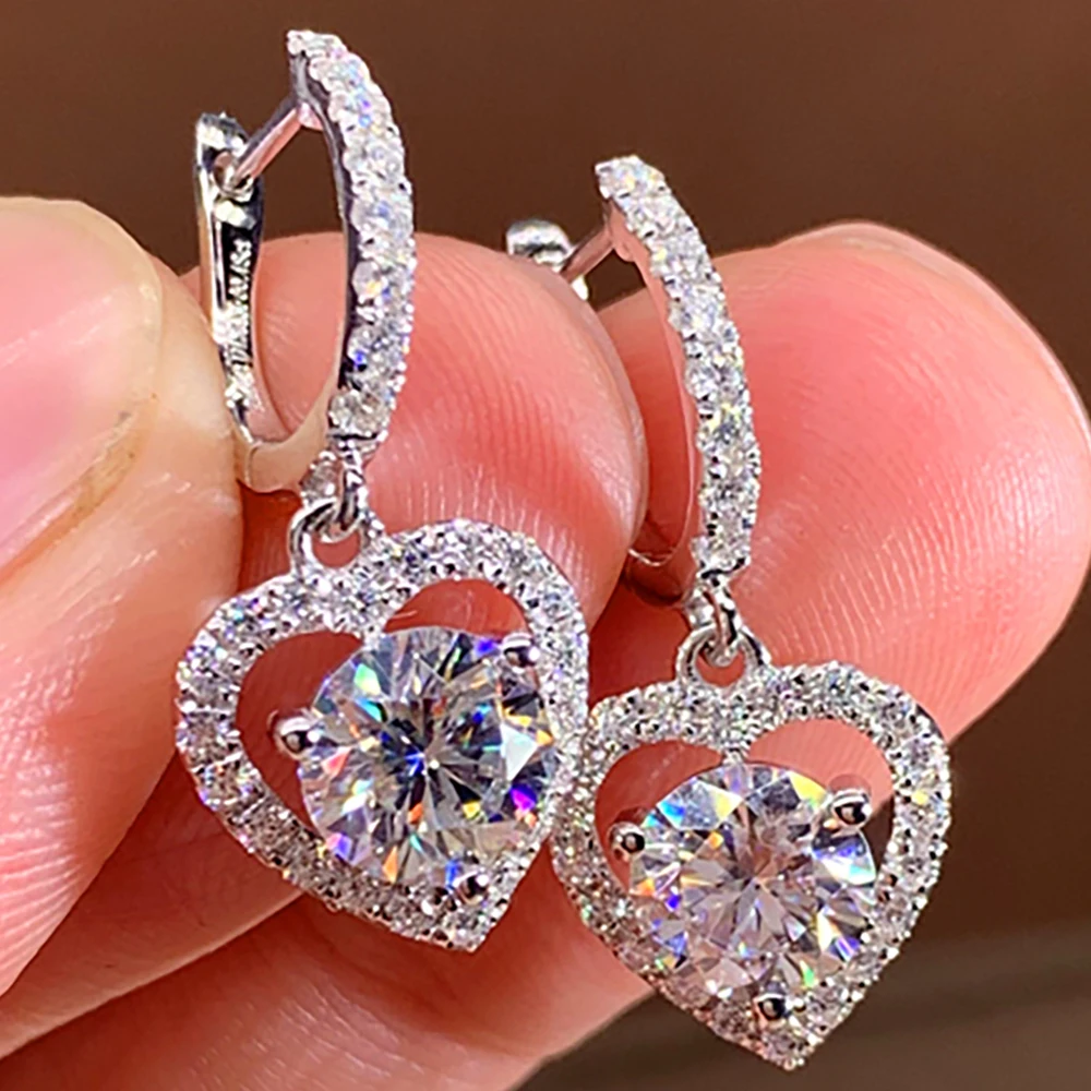 

Custom Solid 14K White Gold Women Drop Clip Hoop Earrings U Moissanite Diamonds 1 Ct Heart Round Wedding Engagement Anniversary