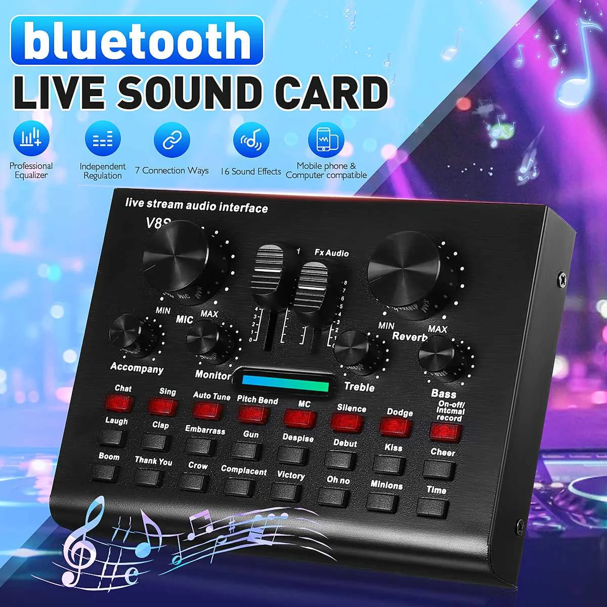 V8S Bluetooth Audio USB Headset Microphone Webcast Live Sound Card 112