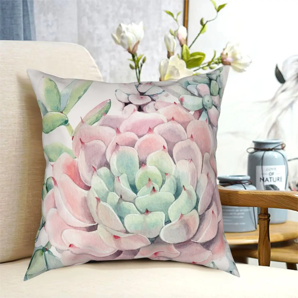 

Pretty Succulents Pink And Green Desert Succulent Square Pillowcase Pattern Zip Decor Pillow Case for Sofa Seater Cushion Case
