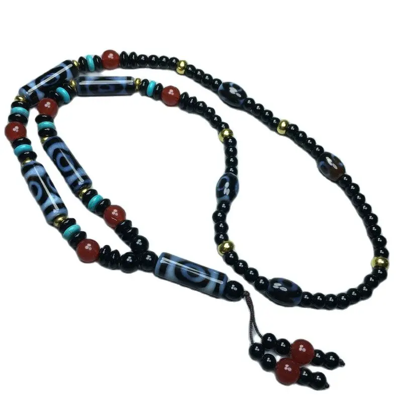 

Tibetan Agate Blue Three Eyes Old Dzi Bead Pendant Necklace