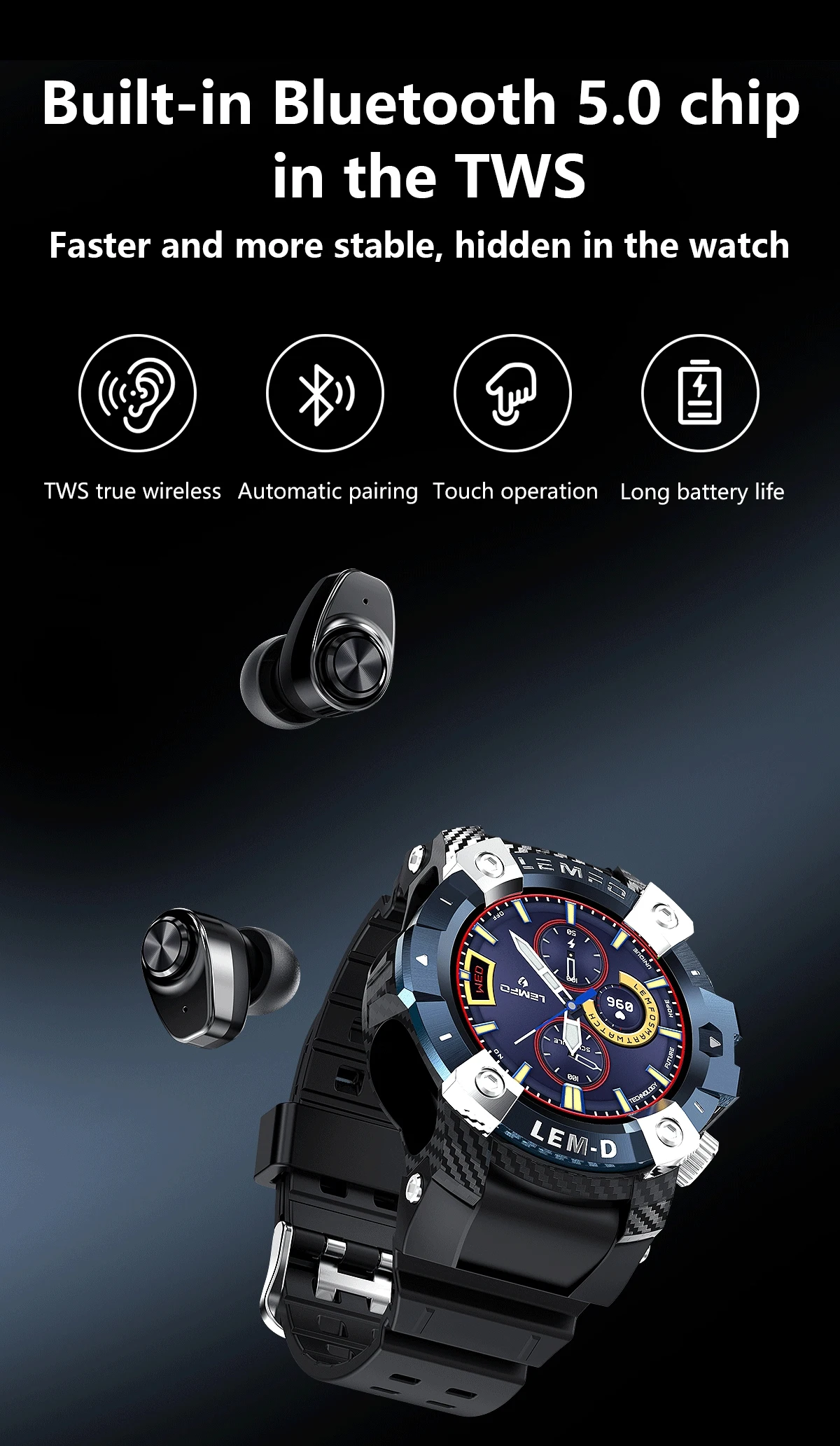 He89868c6236d4fc5a2a1041546513b11T - LEMFO LEMD Smart Watch Wireless Bluetooth 5.0 Earphone 2 In 1 360*360 HD Screen Sport Smartwatch Men For Android IOS Phone