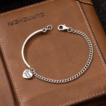 

925 Sterling Silver Bracelet Vintage Heart Shaped Charm Bracelet Charm Chain Thai Silver Lettering Simple Cool Silver Jewelry