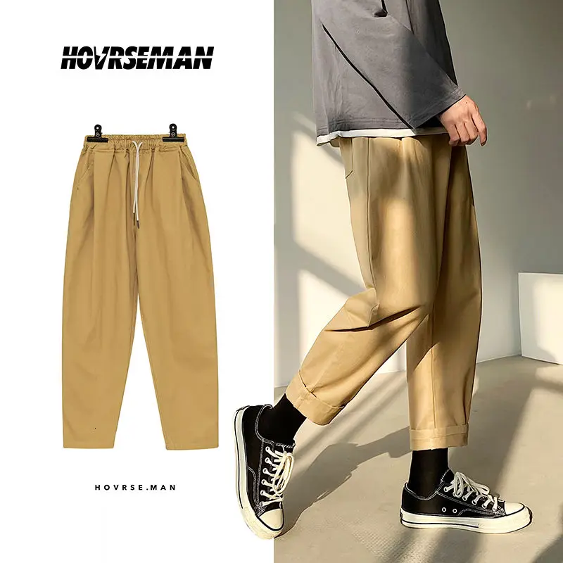 

Autumn Cotton Casual Pants Men's Fashion Solid Color Retro Straight Pants Men Streetwear Loose Hip-hop Drawstring Trousers Mens