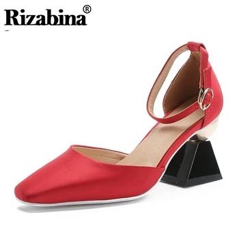

Rizabina Red High Heels Shoes Women Thick Heel Sandals Square Toe Shoes Shallow Party Wedding Shoes Female Footwear Size 34-48