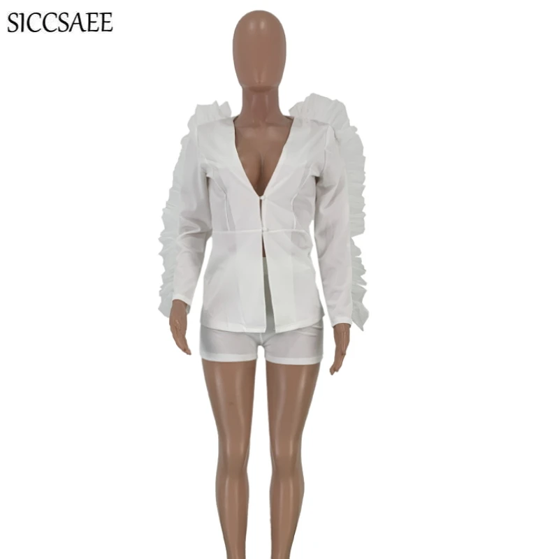 Mesh Ruched Ruffles Deep V Neck Blazer And Shorts Sets Elegant Two Piece Set Sexy Conjunto Feminino Short E Blusa Bodysuit Solid