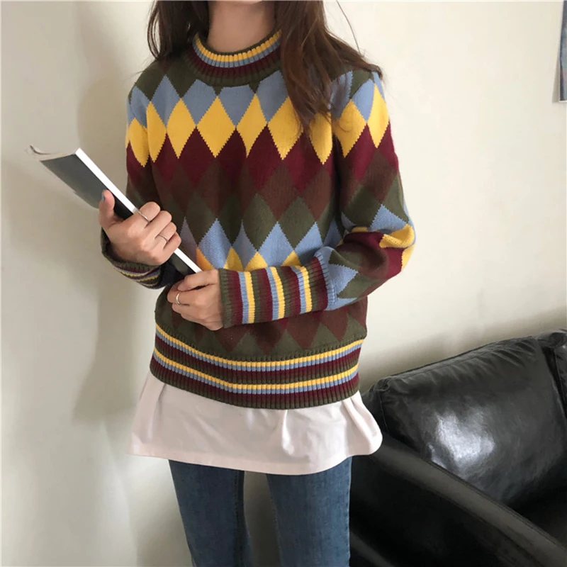 Geometric Sweater Women Thicken Knitted Winter Jumper Turtleneck Korean Harajuku Pullovers Casual Clothes Warm Loose V730