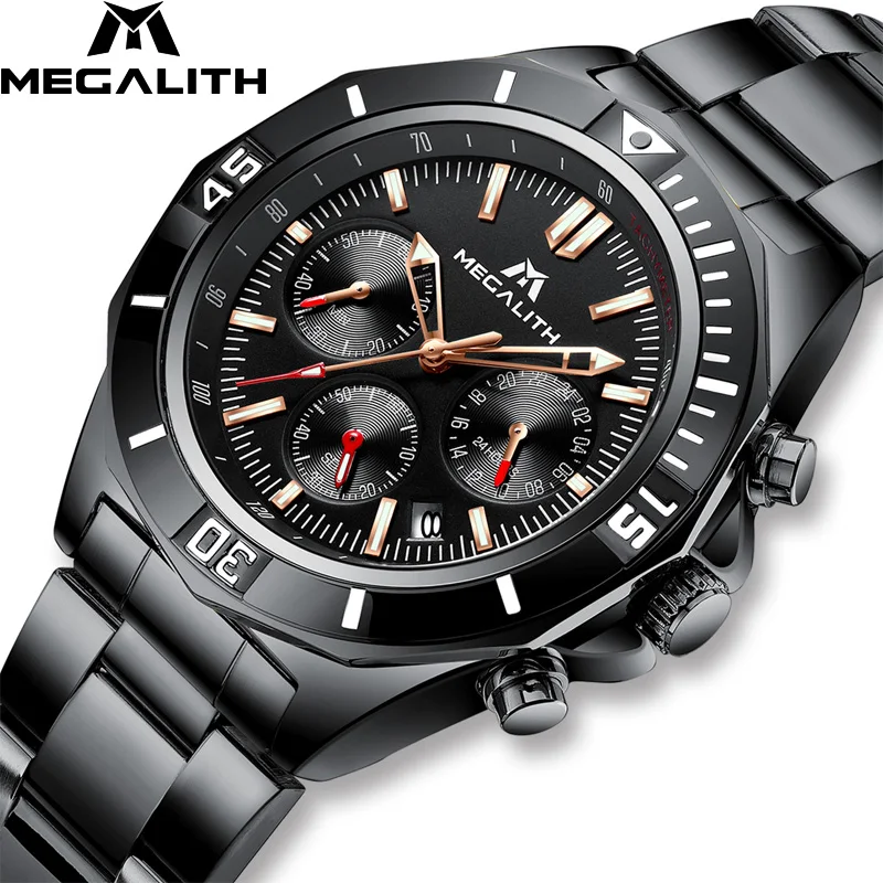 

Relojes Hombre MEGALITH Watch Mens 2019 New Luxury Quartz Watch Stainless Steel Strap 8206 Waterproof Chronograph Black Clock