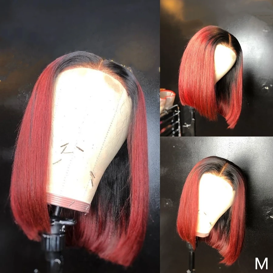 Ombre 13*4 Lace Front Wig Two Tone Remy Hair Red Short Bob Wigs with Baby Hair 