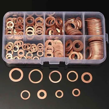 

200pcs/Box Copper Flat Washer M5-M14 Solid Ring Copper Oil Seal Gasket Metal Washer Plain Gasket Screws Fastener Assortment