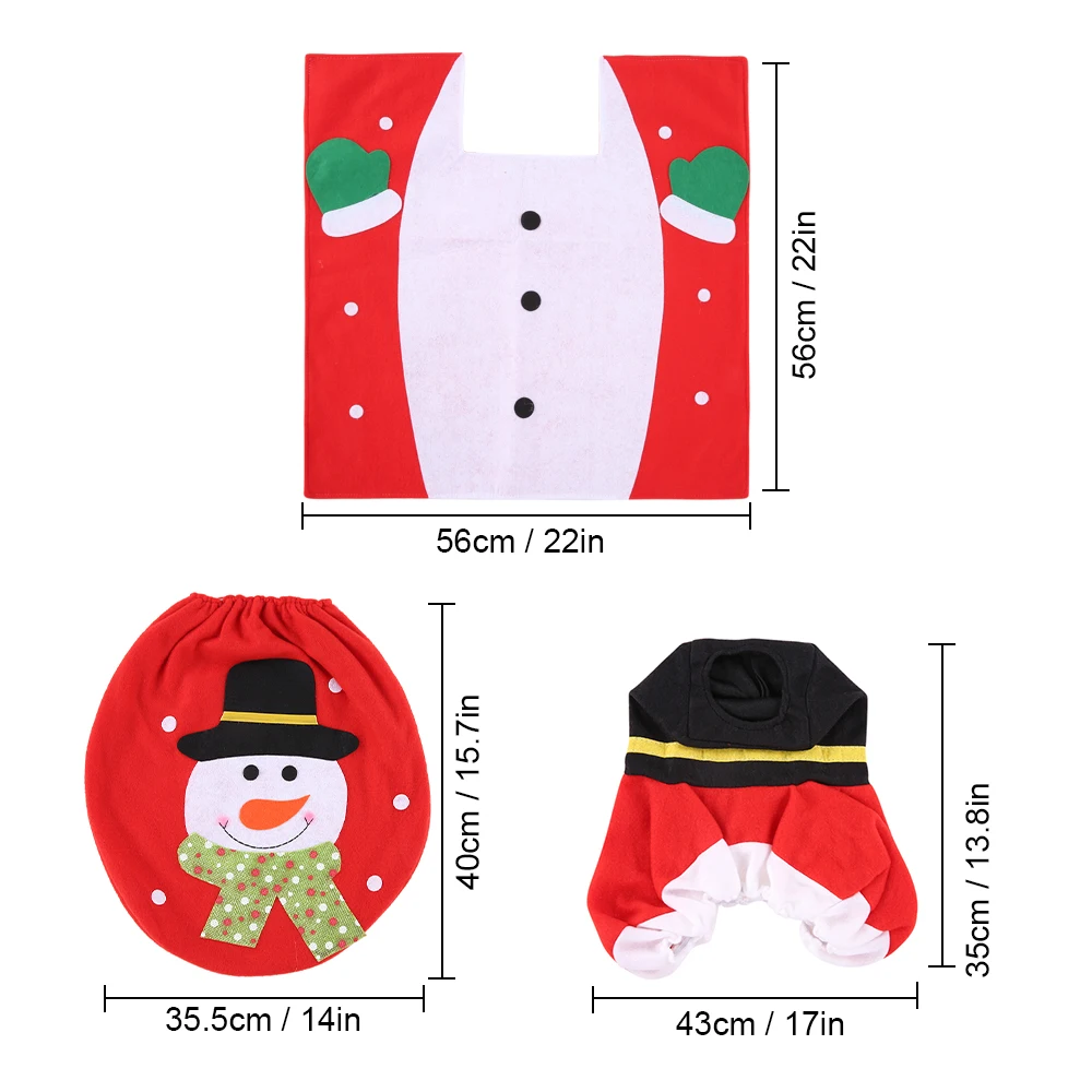 3pcs/set Christmas Decorations Toilet Seat Cover+ U-shaped Rug+ Tank Lid Tissue Box Cover Set Christmas Decoration for Home