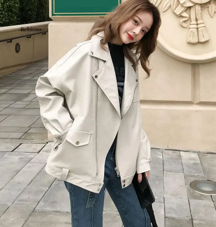 Faux Leather Jacket Women Casual Pu Loose Motorcycle Jackets Female Streetwear Oversized Coat Korean Chic New Spring denim jacket 2020 women autumn loose sequins frayed jean coat streetwear style jeans coats and jackets female spring