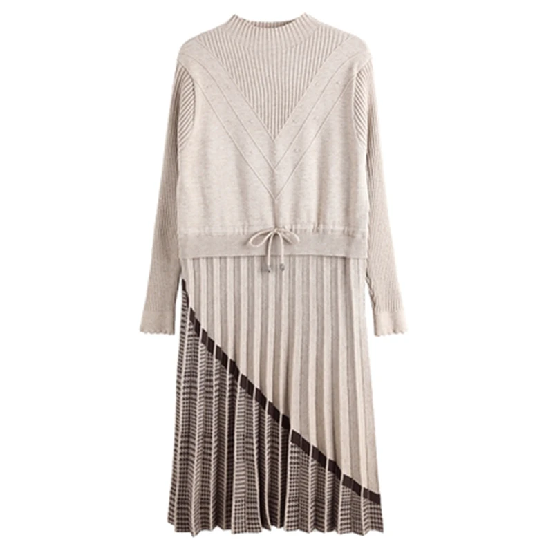 

2023 New Spring Autumn Women's Knitted Long Dress Patchwork Female Sweaters Pleated Bottoming Turtleneck Lady Pullover Belt