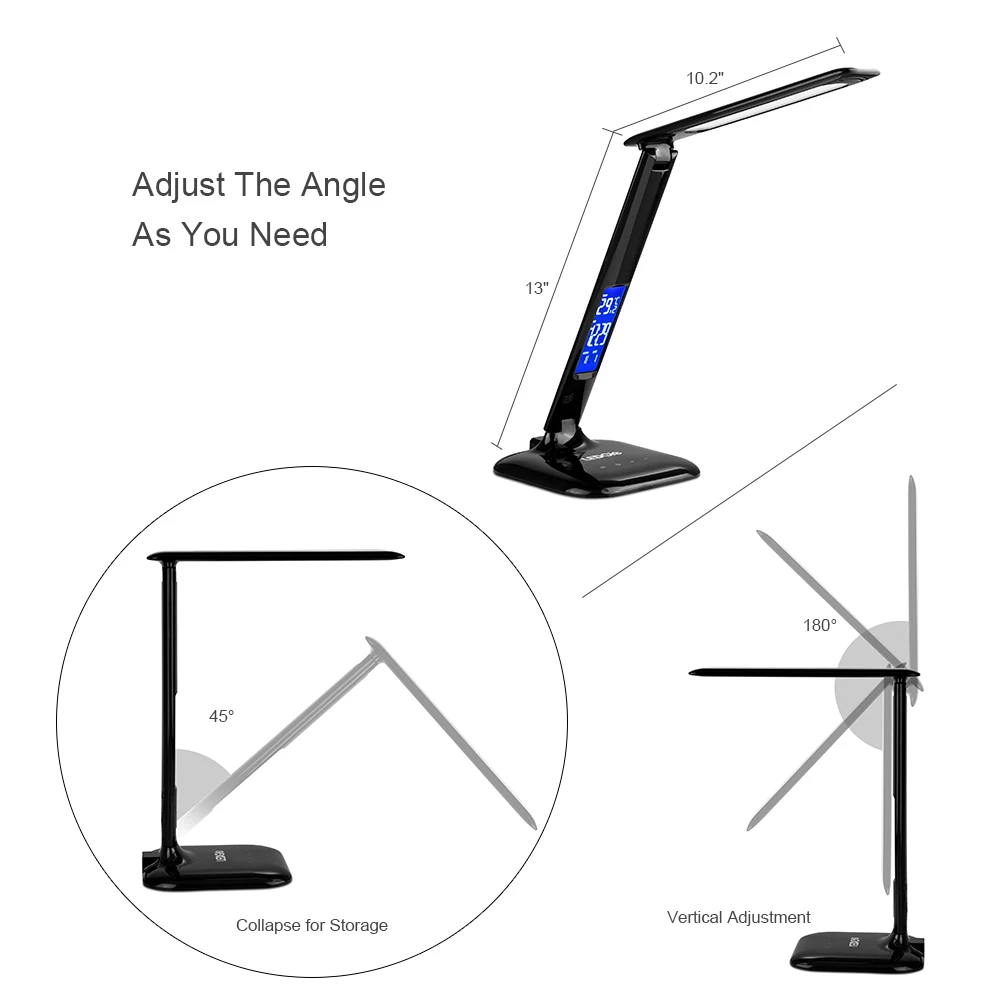LEDGLE Настольная лампа с регулируемой яркостью USB, складная, 8 Вт, светодиодный светильник с сенсорным экраном, календарь, время и термометр для дома, офиса, светильник