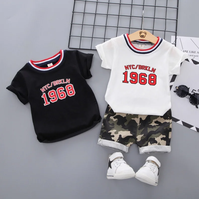 Комплект одежды для мальчиков, хлопковая футболка с надписью летняя детская футболка+ штаны, камуфляжные шорты, одежда для детей, conjunto infantil# E