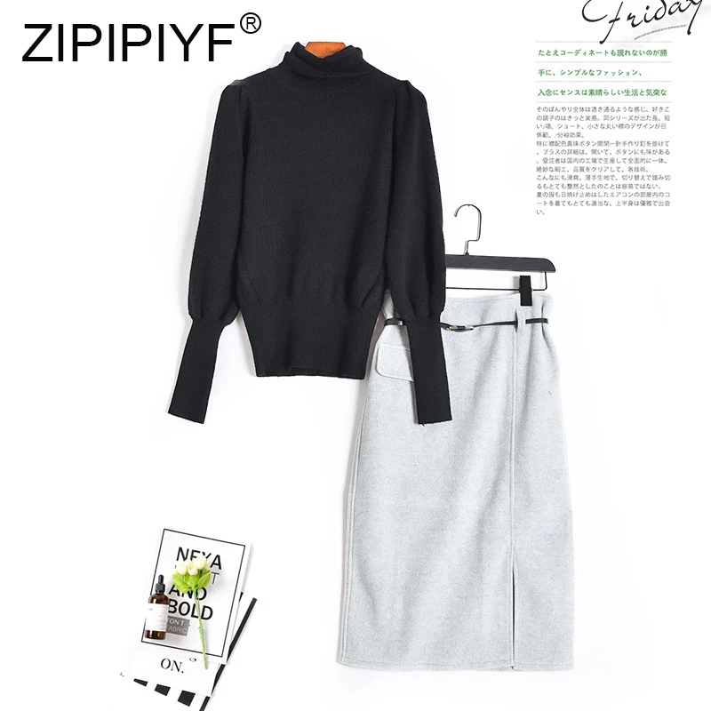 

2019 Autumn Two-piece Suit Sets Solid Color OL Turtleneck Tops Sweater + Elegant Women Skirt C2009