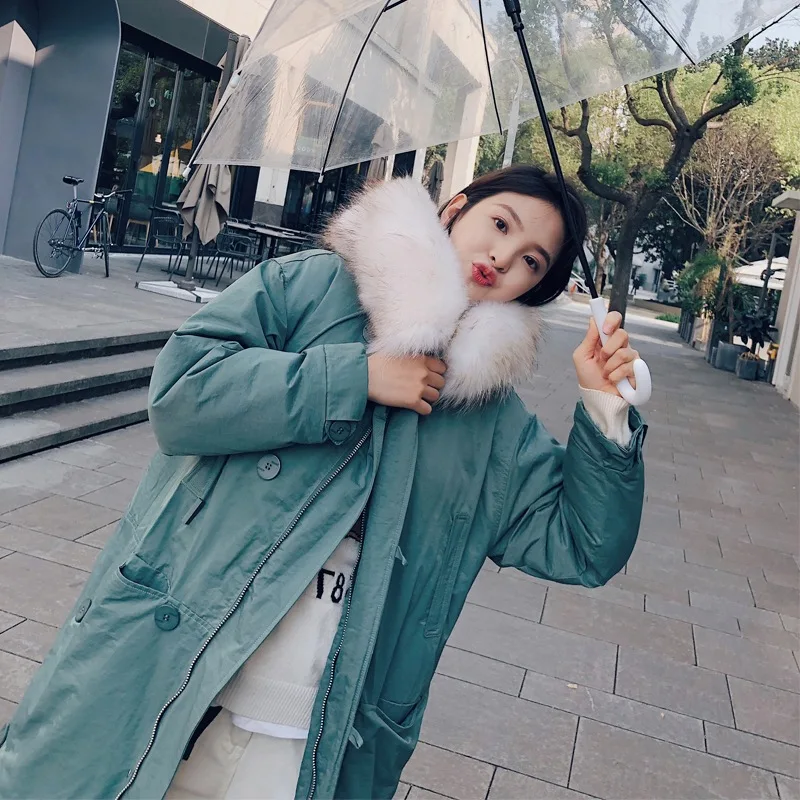 

Photo Shoot CHIC Ronon Four Colors over-the-Knee Single Breasted Hooded Model Large Fur Collar Thick Workwear Cotton Coat Women'